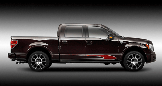 The exterior of the 2010 Ford Harley-Davidson F-150 offers a bold front fascia and a six-bar shaped billet style grille and boasts specialized forged aluminum and Harley-Davidson chrome badging. The truck will have a lowered appearance because of a fully integrated deployable running board. (Image: Ford)